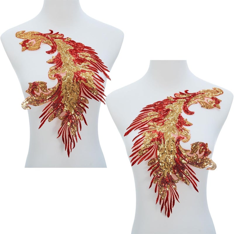 Silvora Pair Embroidery Phoenix Costume Sequin Appliques Patches, Peacock Feather Tail Applique Embellishments for Dance Dresses,Clothes,T-Shirt，Neckline Bodice Pants (Red) - Image 2